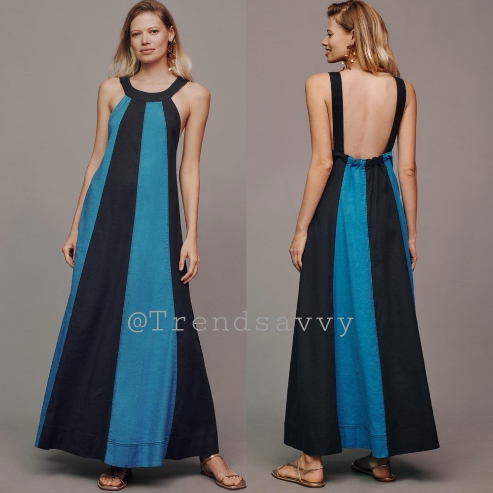 Anthropologie Maeve Ami Linen Halter Maxi Dress Blue Open Back XS NWT